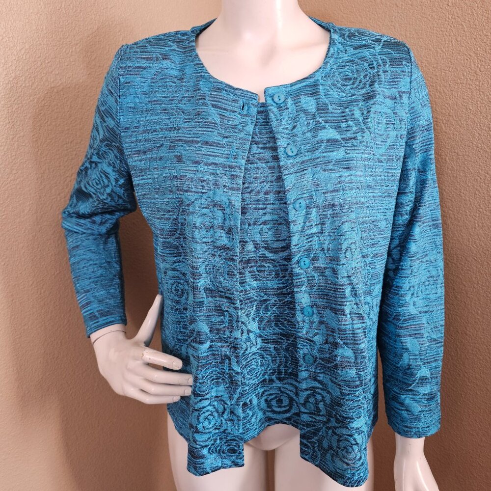 TANJAY Turquoise Roses Cardigan&Tank Top Twin Set~Size Petites PS/P